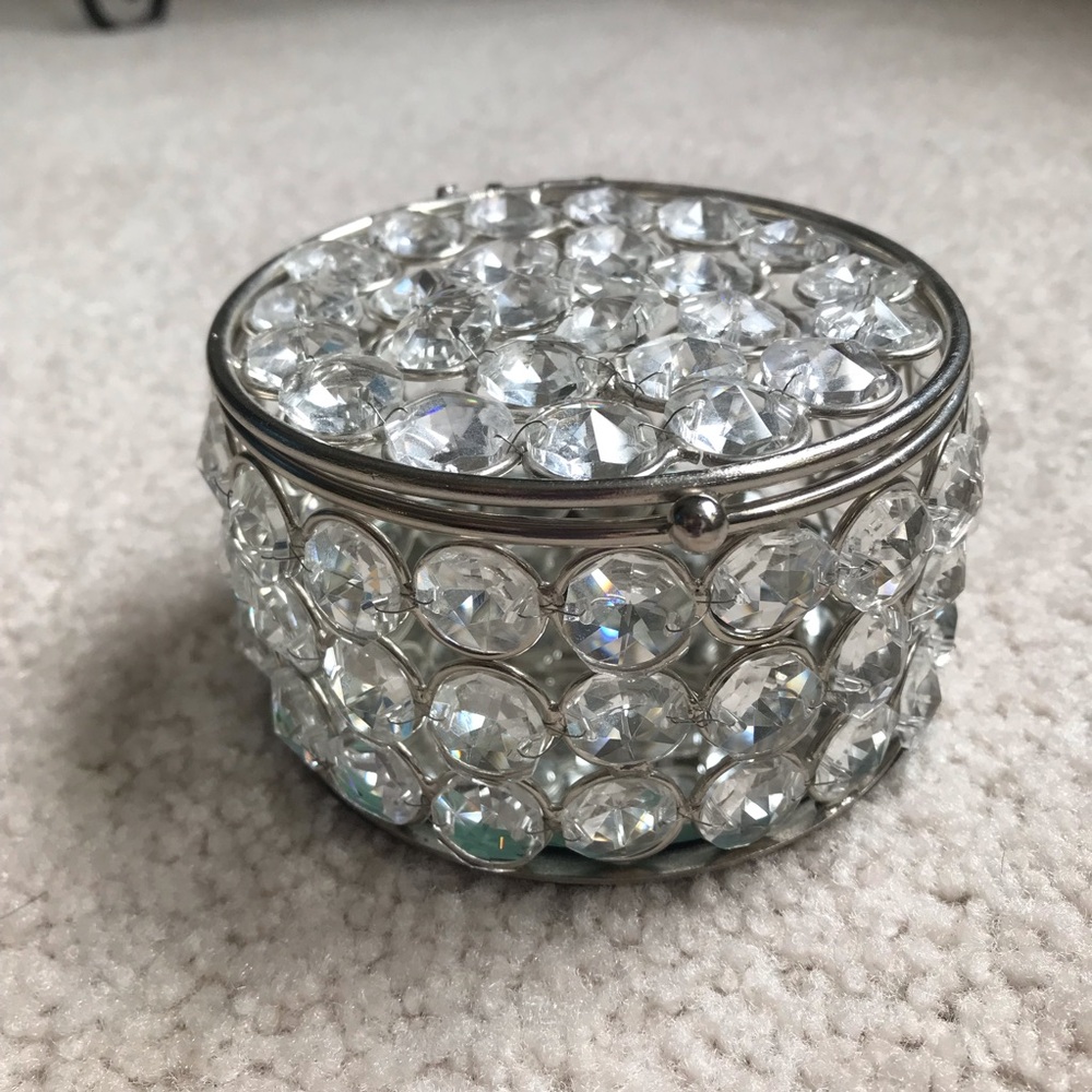 Vintage Silver Toned Rhinestone Round jewelry Box 4" Bling Mirror Bottom